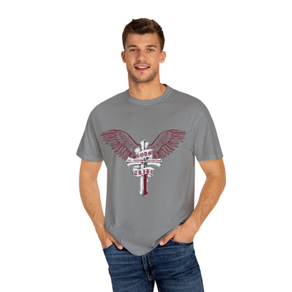 Stylish Garment-Dyed T-Shirt with Wings & Cross Design, Casual Tee for Men & Women, Great for Gifts, Music Events, Festivals, Everyday Wear