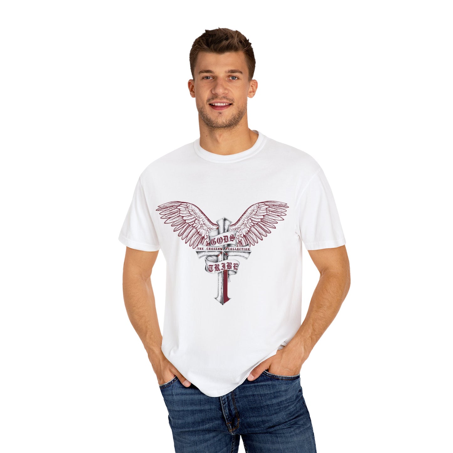 Stylish Garment-Dyed T-Shirt with Wings & Cross Design, Casual Tee for Men & Women, Great for Gifts, Music Events, Festivals, Everyday Wear